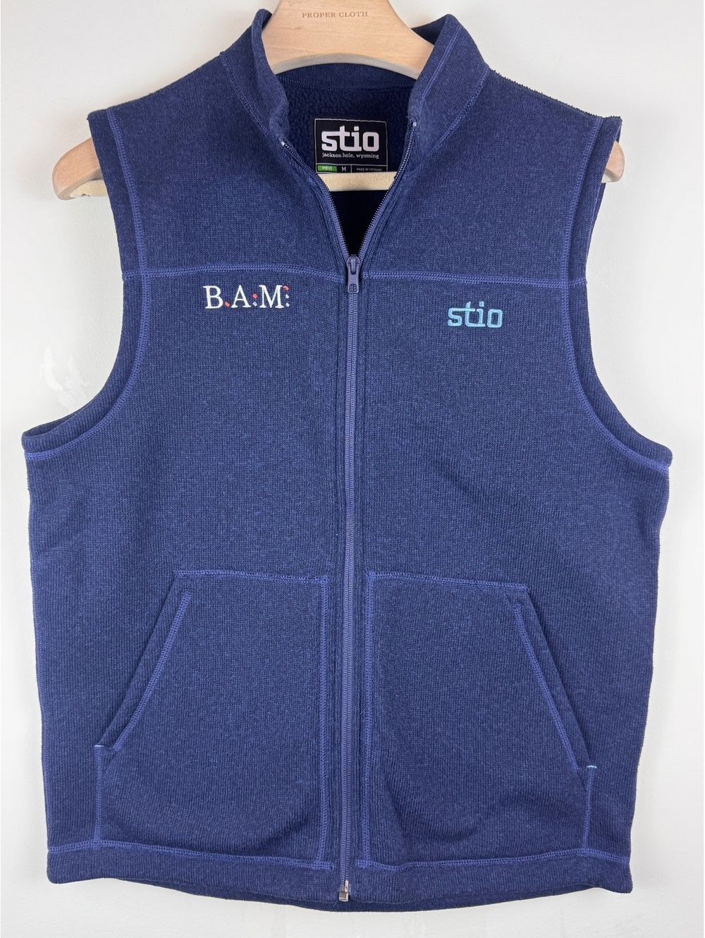 Stio Wilcox Fleece Vest Men’s Medium Navy Blue Recycled Full Zip BAM Logo